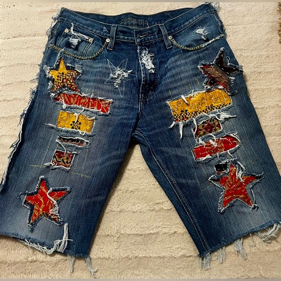 Denim - Upcycled One-Of-A-Kind Patchwork Denim Jorts with Star Patches
